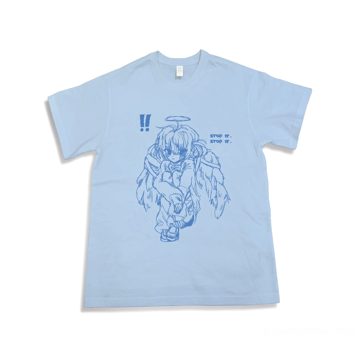 Light blue Tenshi Kaiwai crying angel girl graphic t-shirt flat lay front view Jirai Kei aesthetic anime streetwear