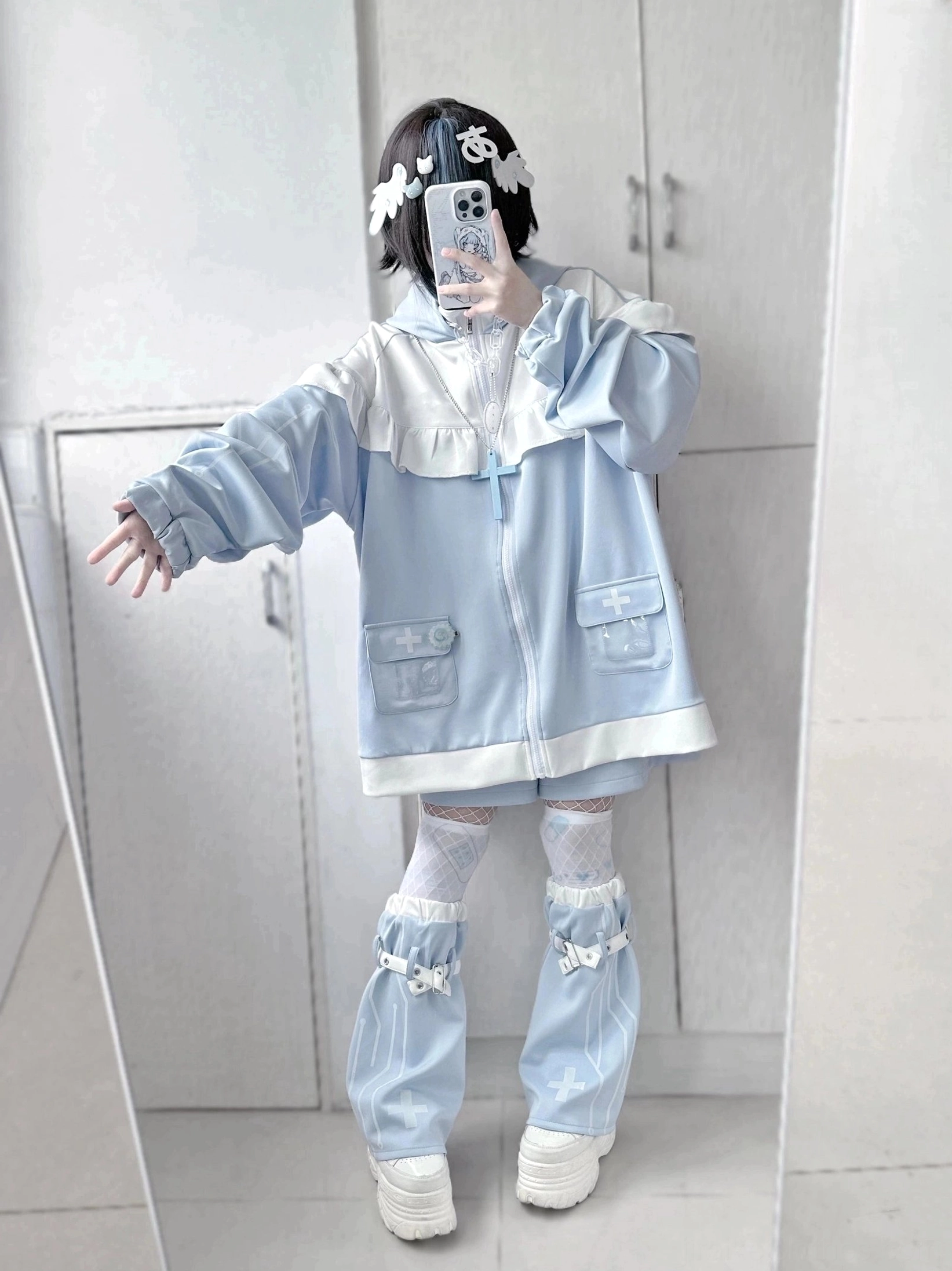 Tenshi Kaiwai light blue jacket and shorts combination full body model shot demonstrating color coordinated ensemble and fit proportions