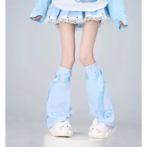 Light blue Tenshi Kaiwai leg warmers with pixel cloud embroidery, blue buckle straps, and adjustable fasteners worn with sweet lolita outfit and platform shoes
