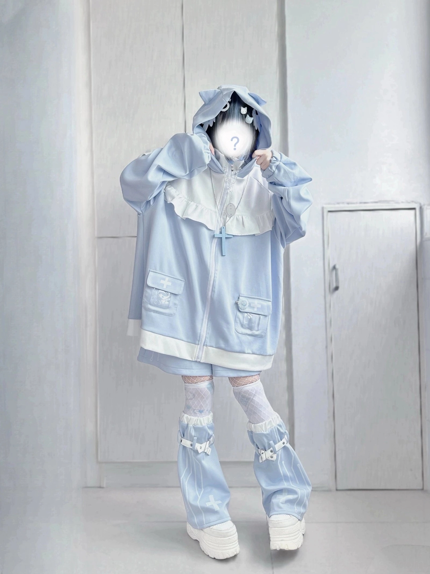 Tenshi Kaiwai light blue and white cat ear jacket with leg warmers full outfit model wearing indoor setting complete ensemble