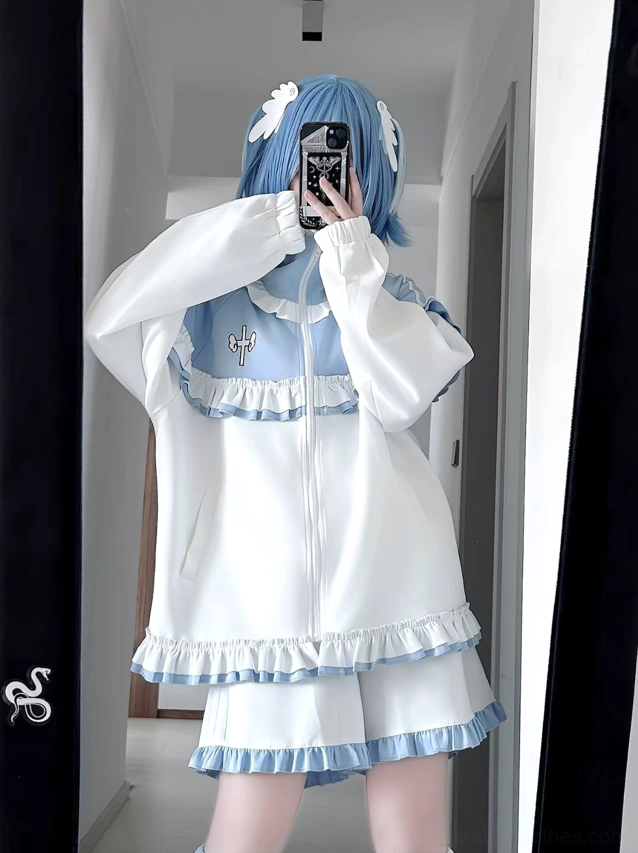Tenshi Kaiwai long pants with jacket option styled showing loose silhouette and color-blocking details of pant leg configuration