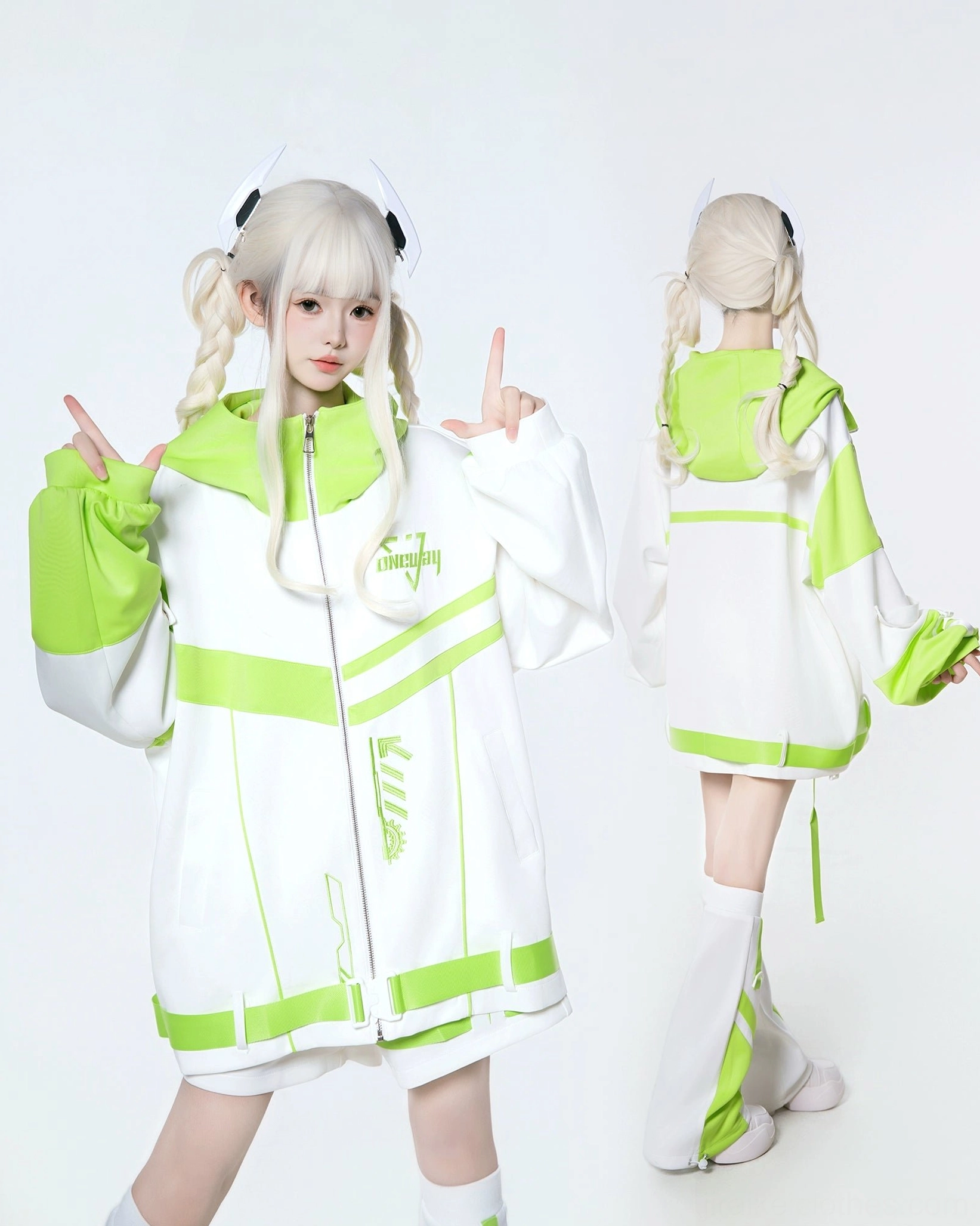 Tenshi Kaiwai outfit styling suggestion - showing how to pair oversized jacket with coordinating shorts for complete look