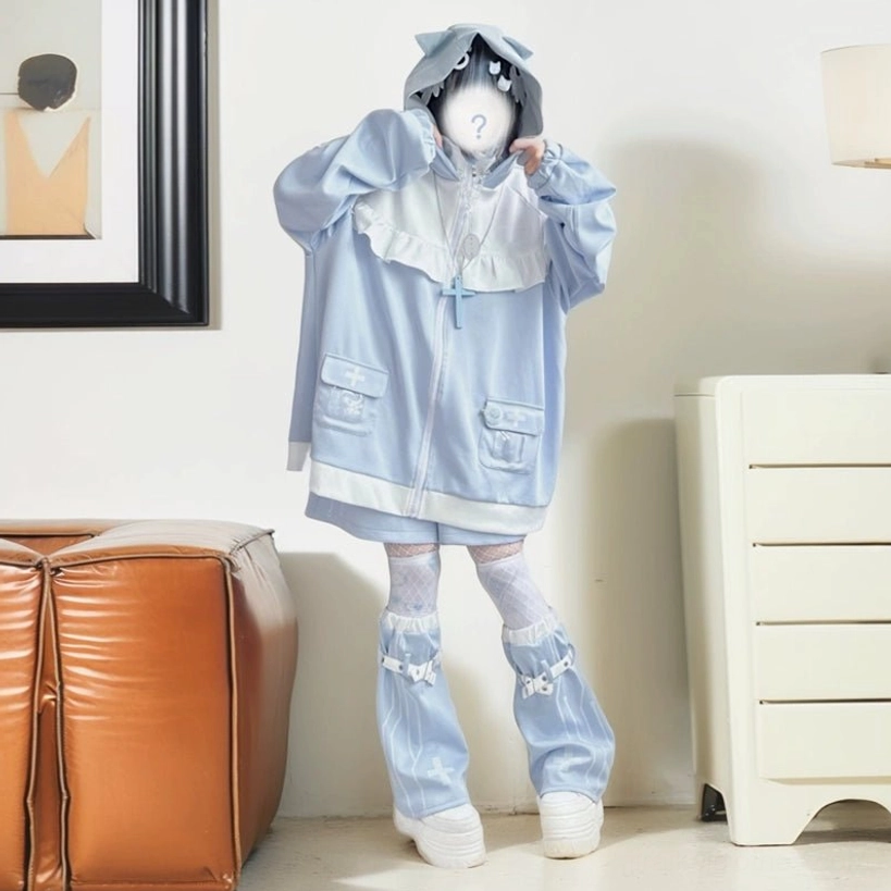 Tenshi Kaiwai oversized cat ear jacket with ruffled chest trim and light blue leg warmers matching color scheme side profile shot model
