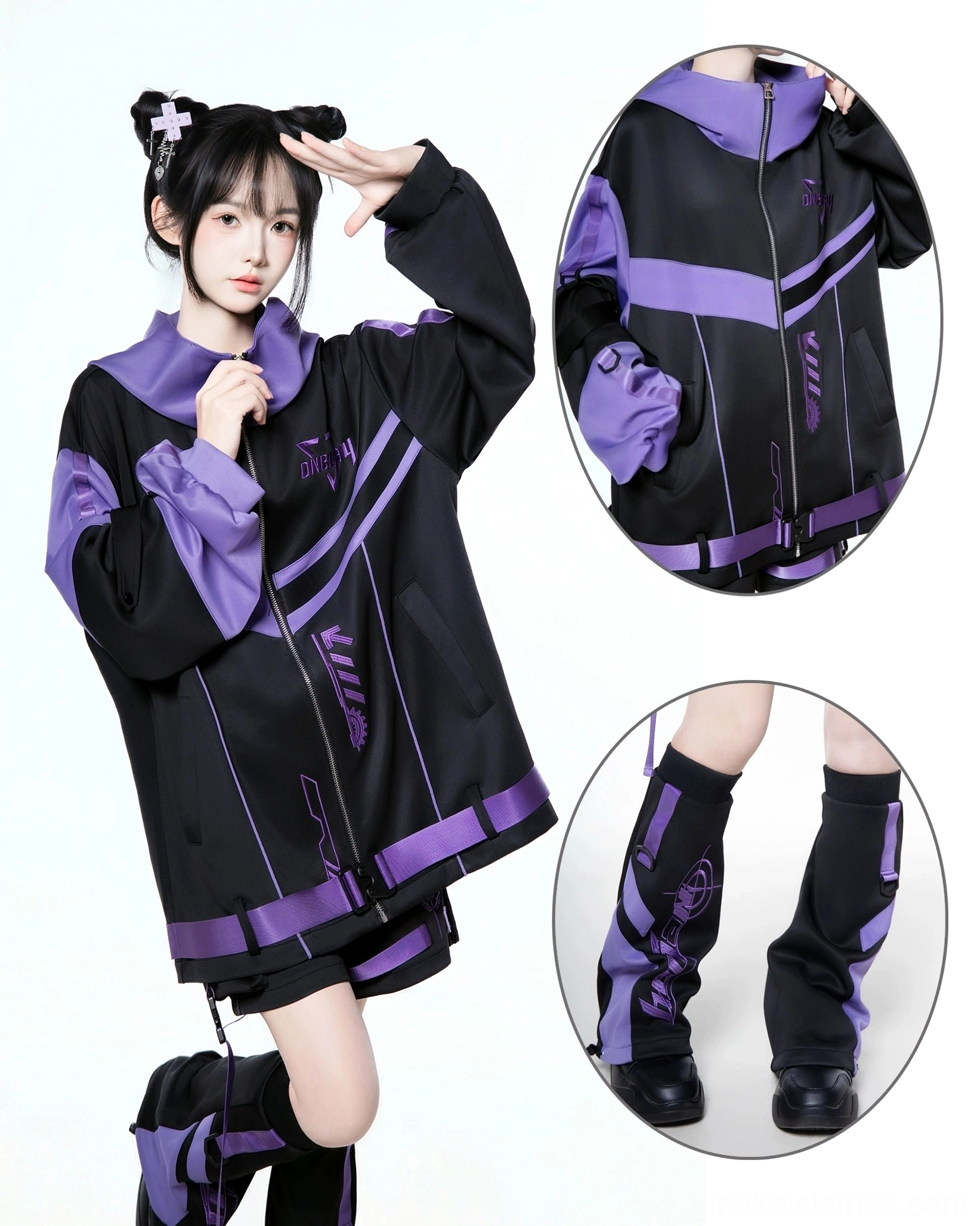 Tenshi Kaiwai oversized hoodie back view - showing hood structure and embroidered details in black and purple colorway