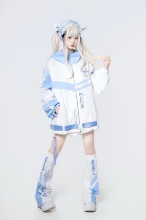 Tenshi Kaiwai oversized techwear hoodie set in blue and white colorway with matching shorts and leg warmers - full front standing view on model with twin tails
