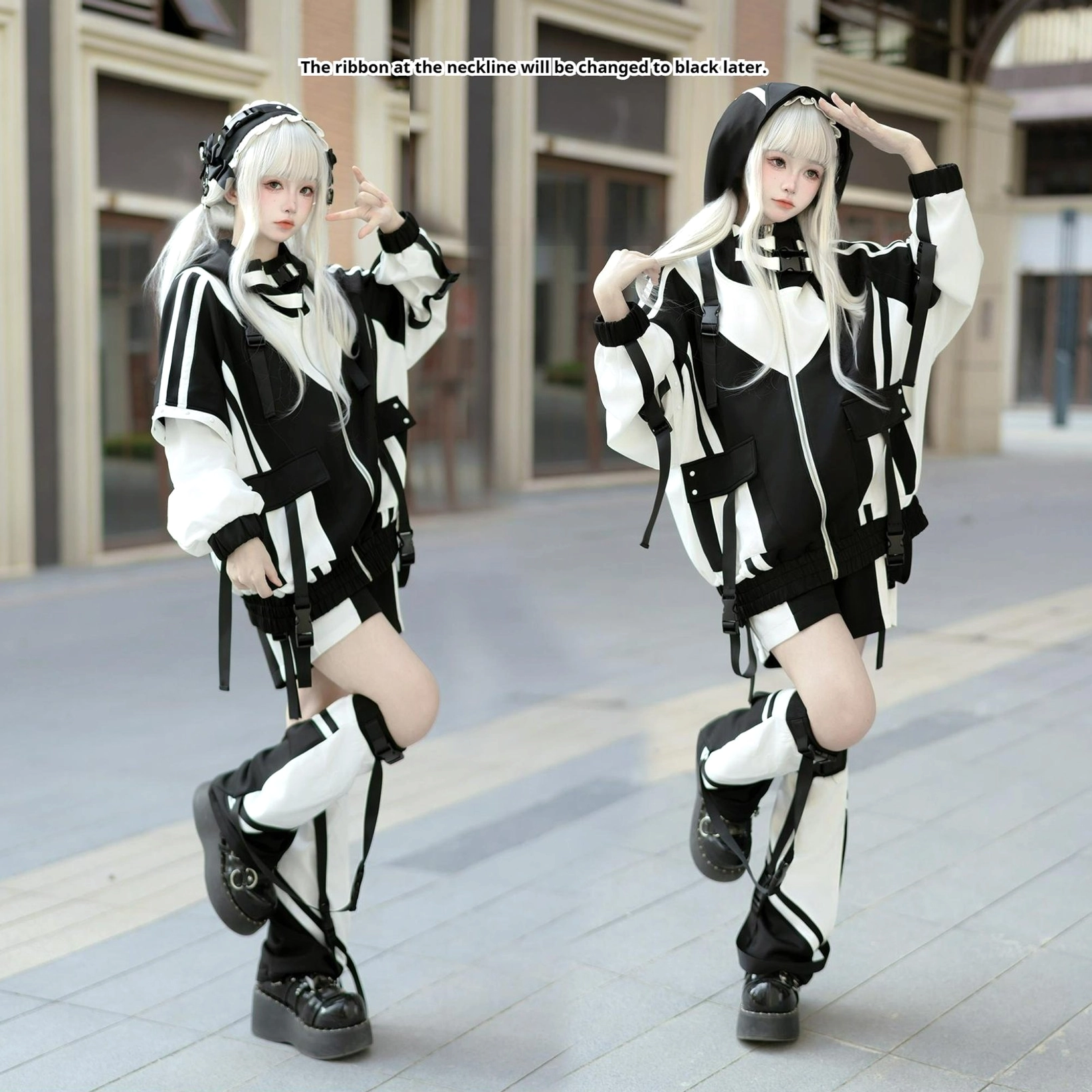 Tenshi Kaiwai plus size coordinate set flat lay showing jacket shorts leg warmers headband arrangement