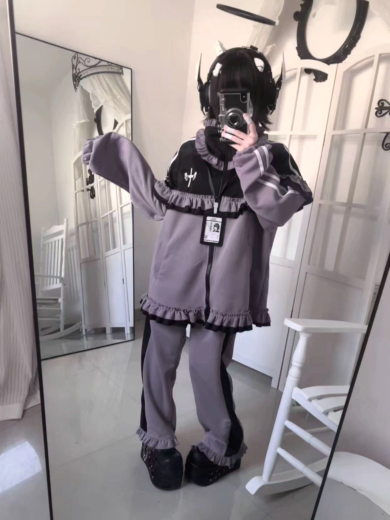 Purple Tenshi Kaiwai complete tracksuit set with ruffled jacket, shorts, long pants and striped leg warmers all bundle pieces