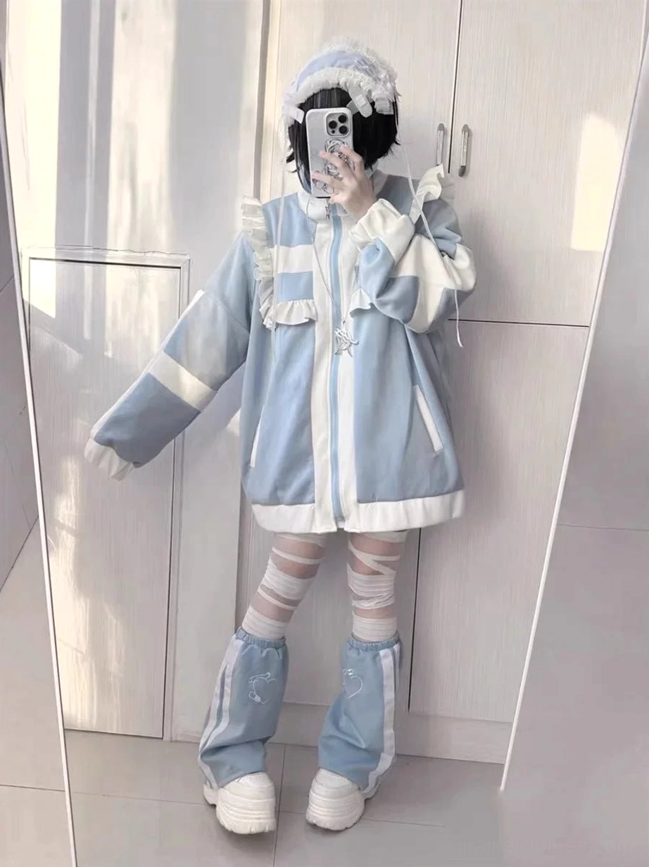 Tenshi kaiwai oversized jacket with ruffled trim relaxed front mirror selfie with arm down casual styling