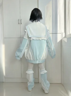 Tenshi Kaiwai sailor collar jacket back view mirror selfie ruffled trim lace leg warmers blue white pastel