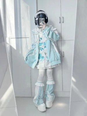Tenshi Kaiwai sailor collar hoodie jacket with ruffled leg warmers front mirror selfie blue white pastel color lolita aesthetic