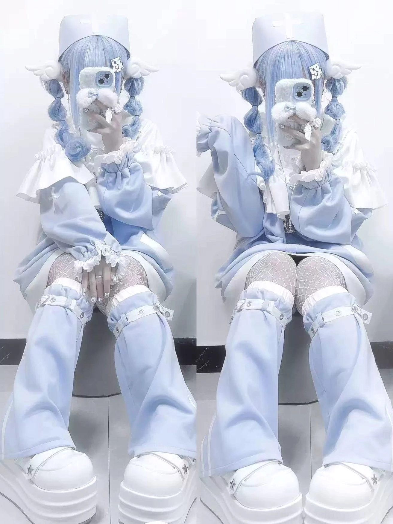 Seated full-body view of Tenshi Kaiwai ensemble with thick platform sneakers and buckled thigh-high leg warmers