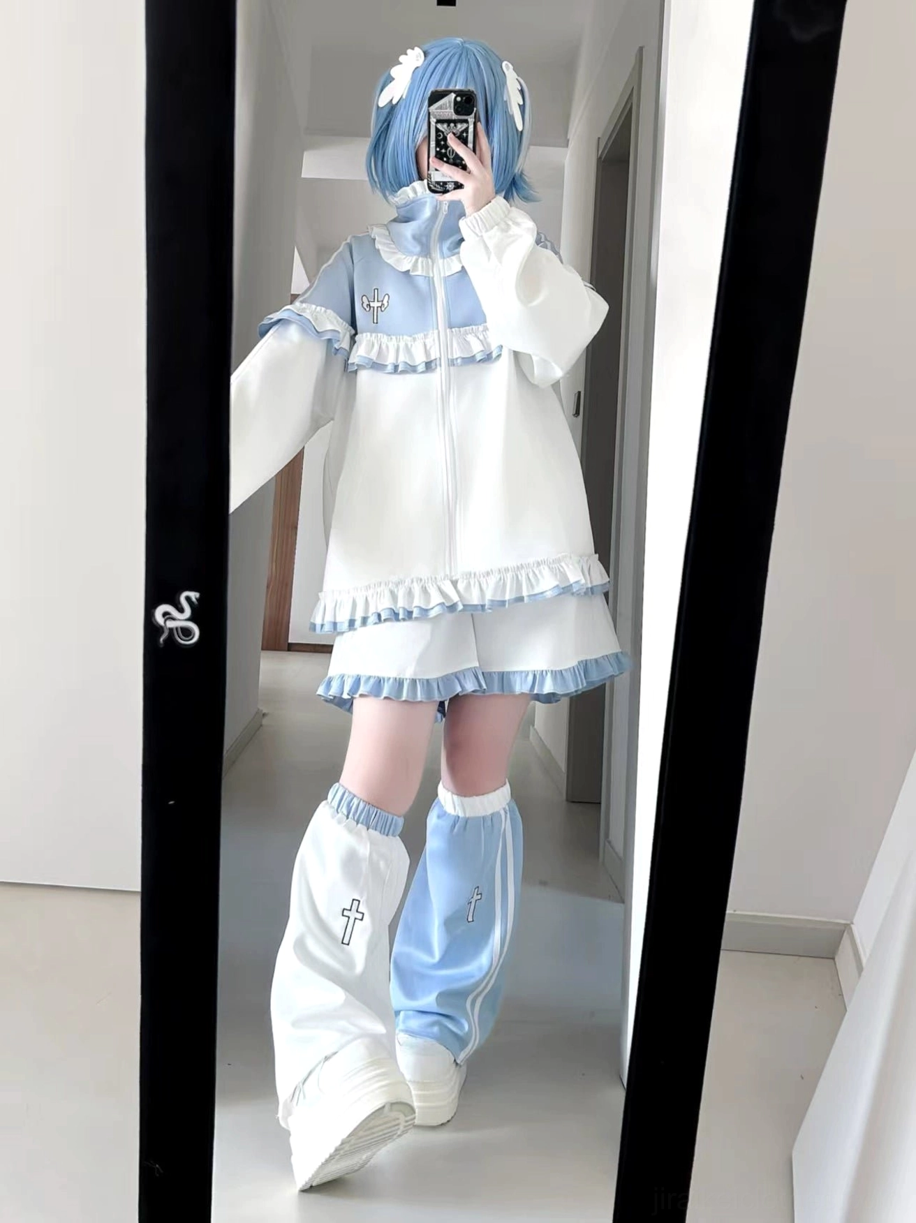 Sky Blue Tenshi Kaiwai Jirai Kei outfit with wide-leg pants, zip-up jacket, ruffled collar and platform shoes styling