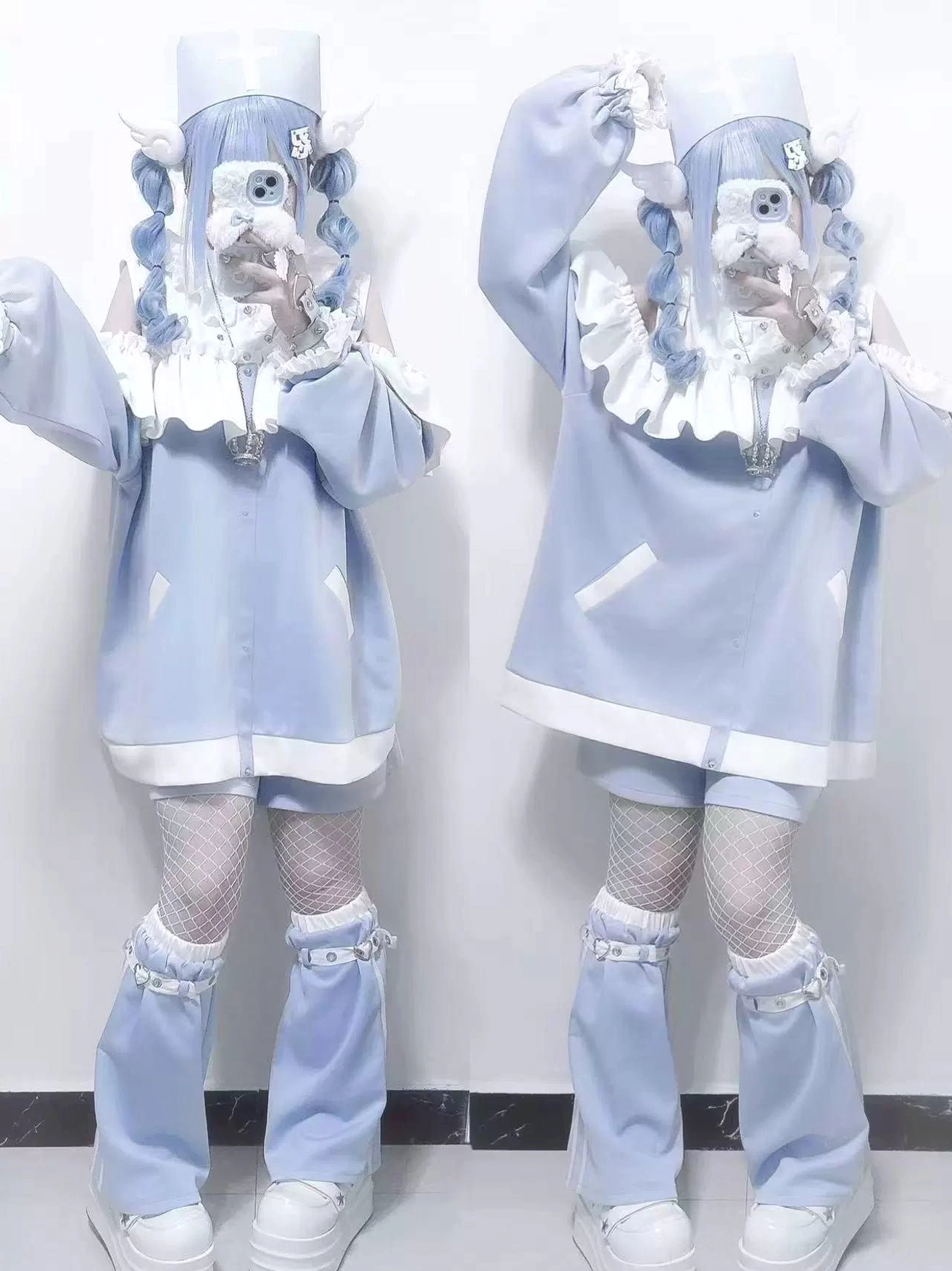 Side-by-side full-body view of Tenshi Kaiwai off-shoulder sweatshirt with leg warmers and pocket details on two models