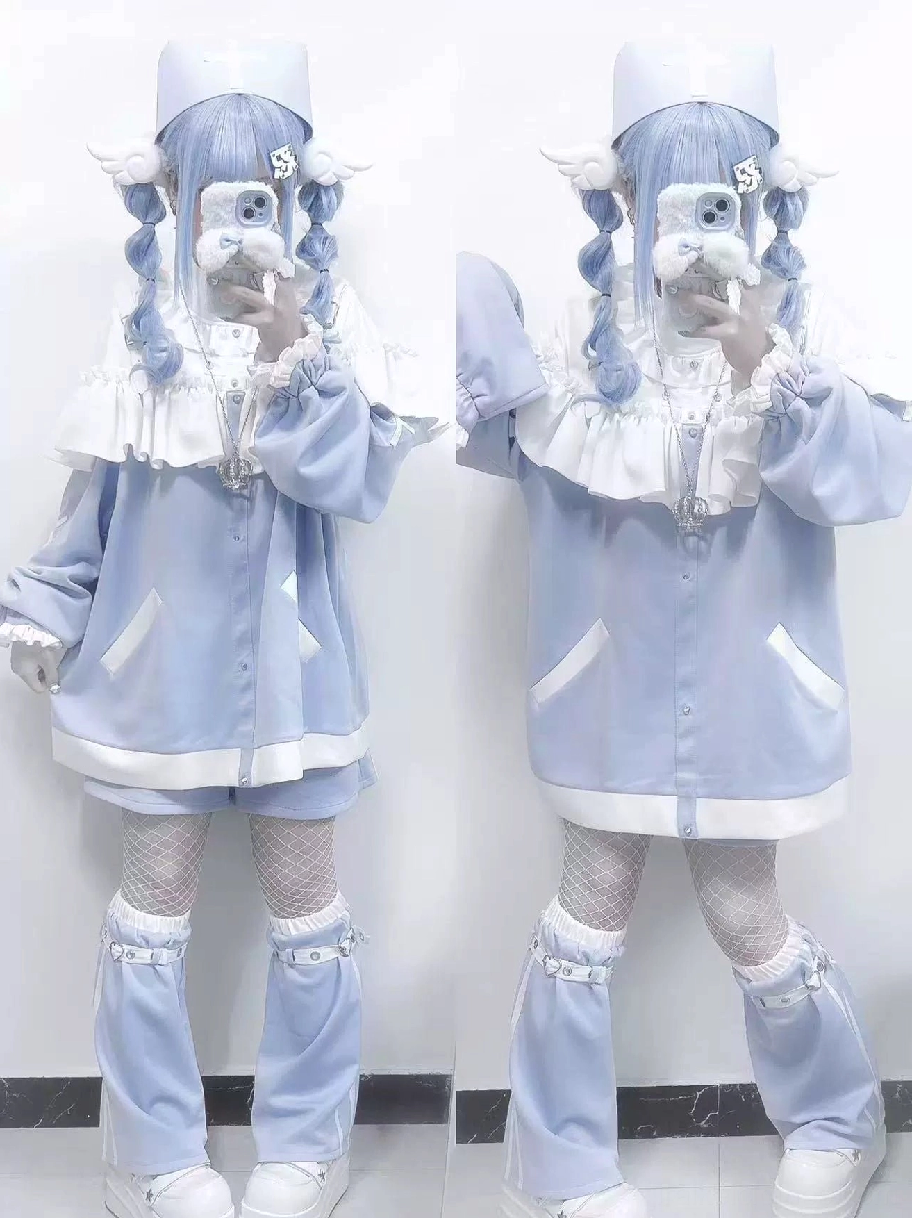 Full-body standing view of Tenshi Kaiwai sweatshirt set with ruffled white cuffs and nurse-themed cross accessories on models