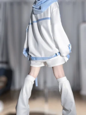 Tenshi kaiwai techwear outfit rear full view showing blue hood lining, matching shorts with hanging strap details, and coordinated leg warmers on model