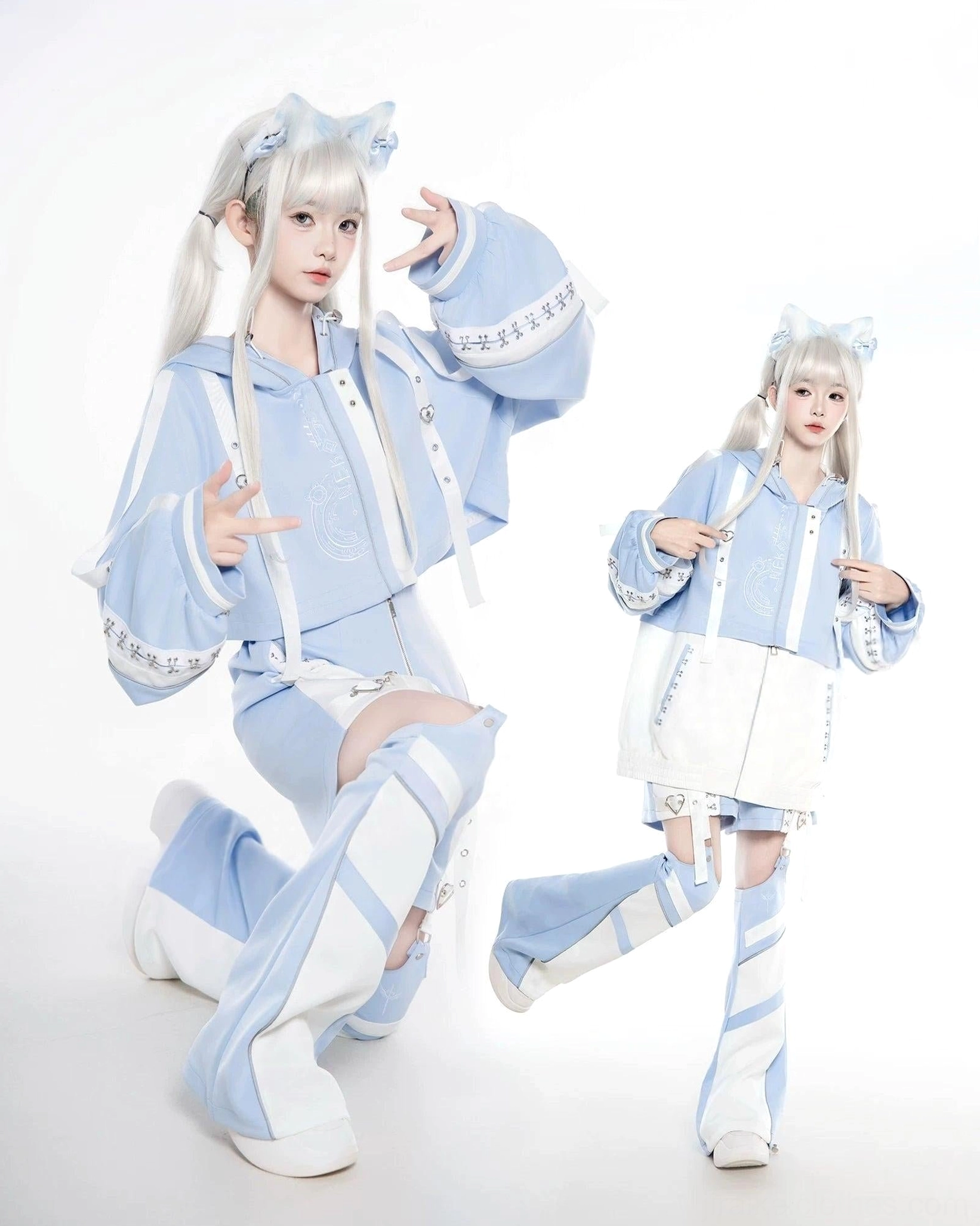 Tenshi Kaiwai techwear jacket and shorts set double model full body front view light blue white color scheme cat ear hood printed strap trims