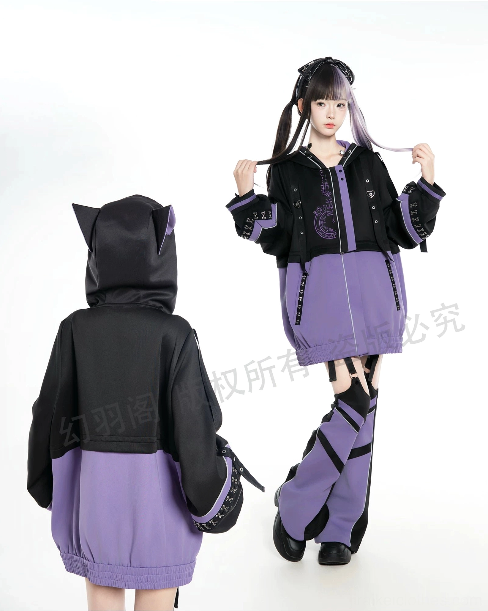 Tenshi Kaiwai techwear set side profile view single model standing pose asymmetrical design elements