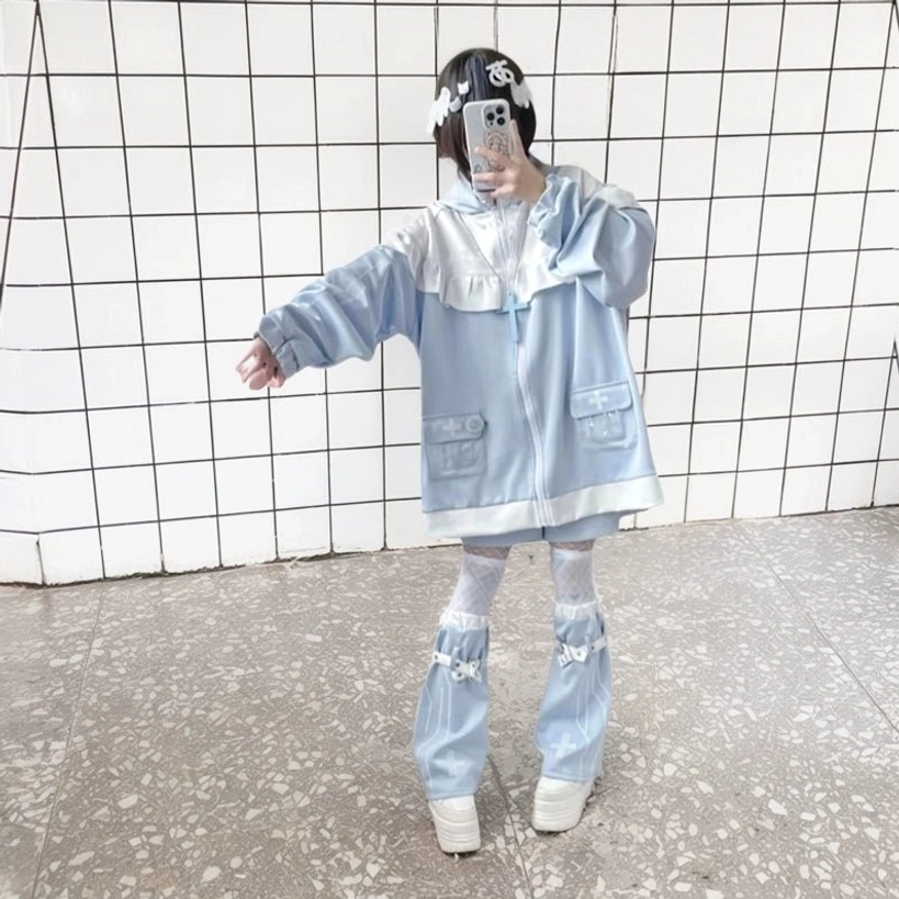 Tenshi Kaiwai three piece outfit cat ear jacket shorts leg warmers mirror selfie showing oversized fit and color coordination