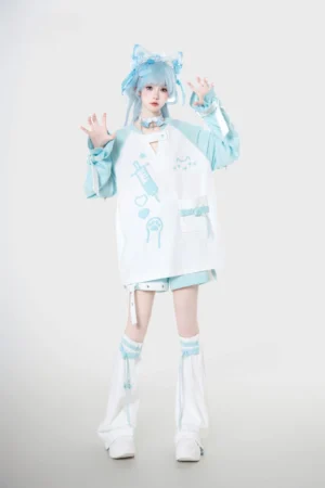 Water blue tenshi kaiwai sweatshirt set with detachable sleeves worn by blue twin-tail cosplayer, showing full outfit coordination with matching leg warmers and shorts, front studio view