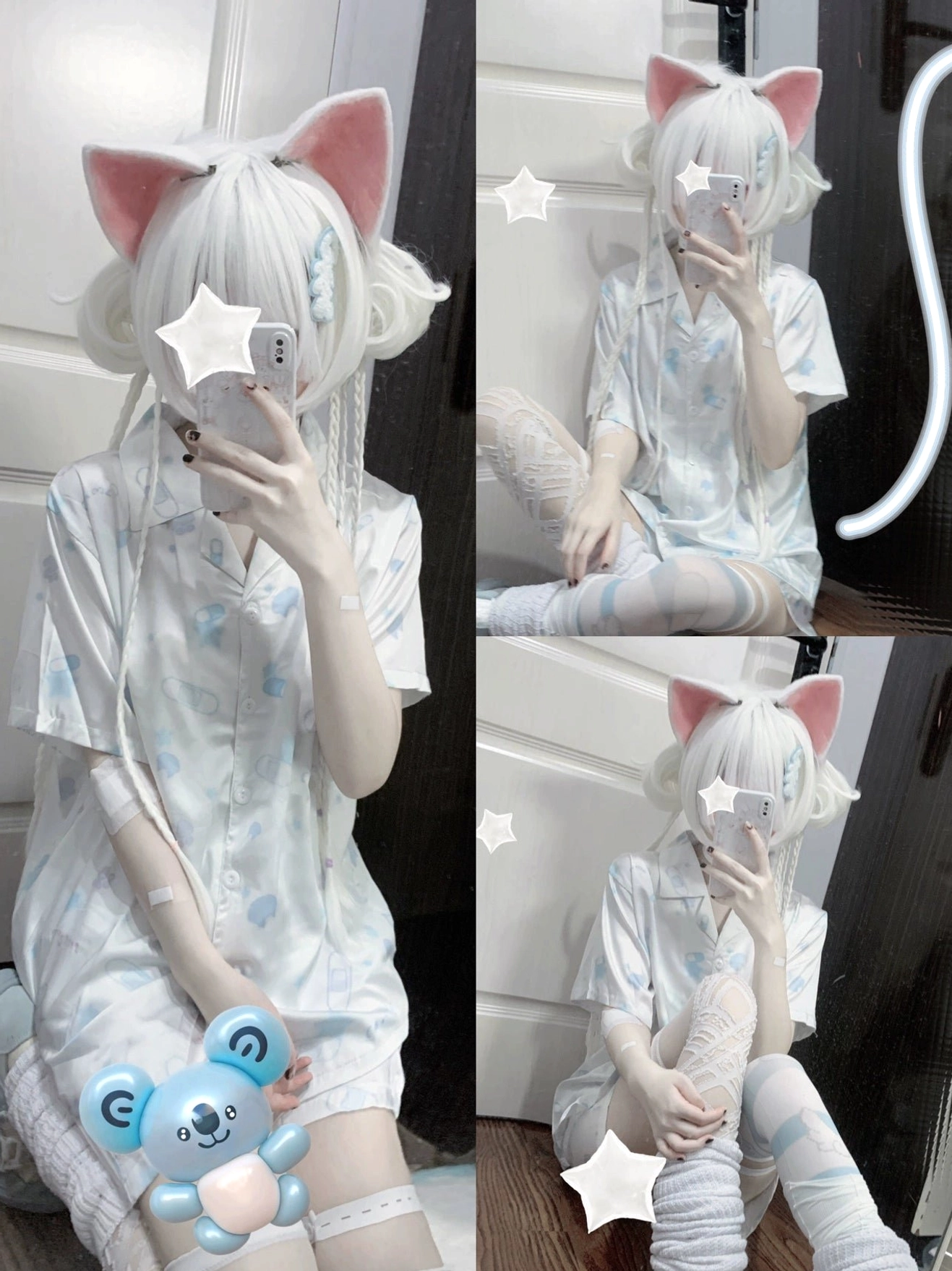 White Tenshi Kaiwai cat print pajama set with blue plush prop, cat ear cosplay model in multiple poses on home indoor scene with kawaii aesthetic decorations