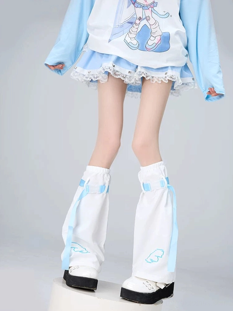 White Tenshi Kaiwai flared leg warmers with light blue trim and cloud embroidery worn with two-tone platform shoes, complete Y2K anime streetwear styling