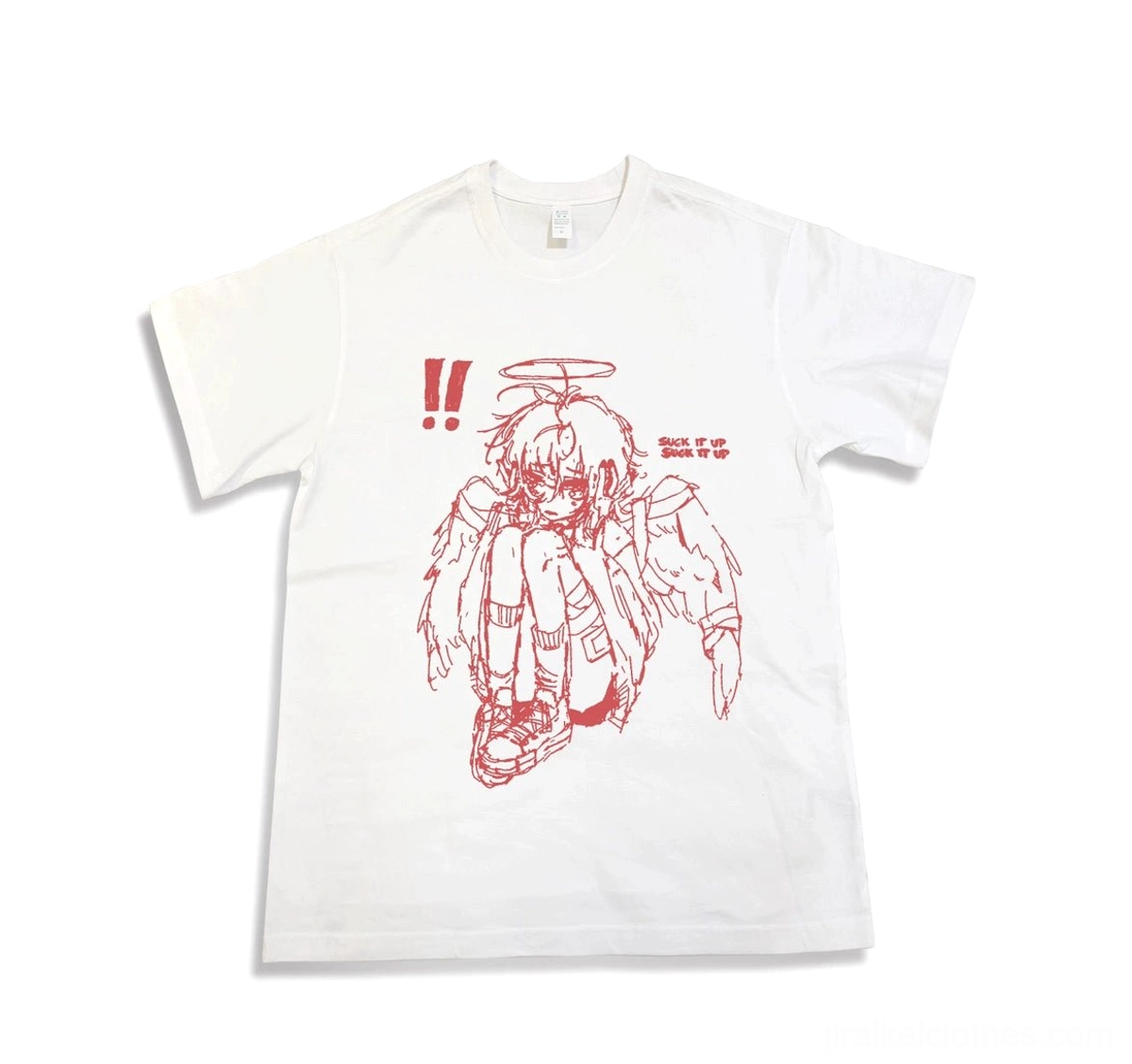 White Tenshi Kaiwai crying angel boy graphic t-shirt with red accents flat lay front view alternative fashion