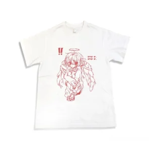 White Tenshi Kaiwai crying angel girl graphic t-shirt with red accents flat lay front view Jirai Kei clothing