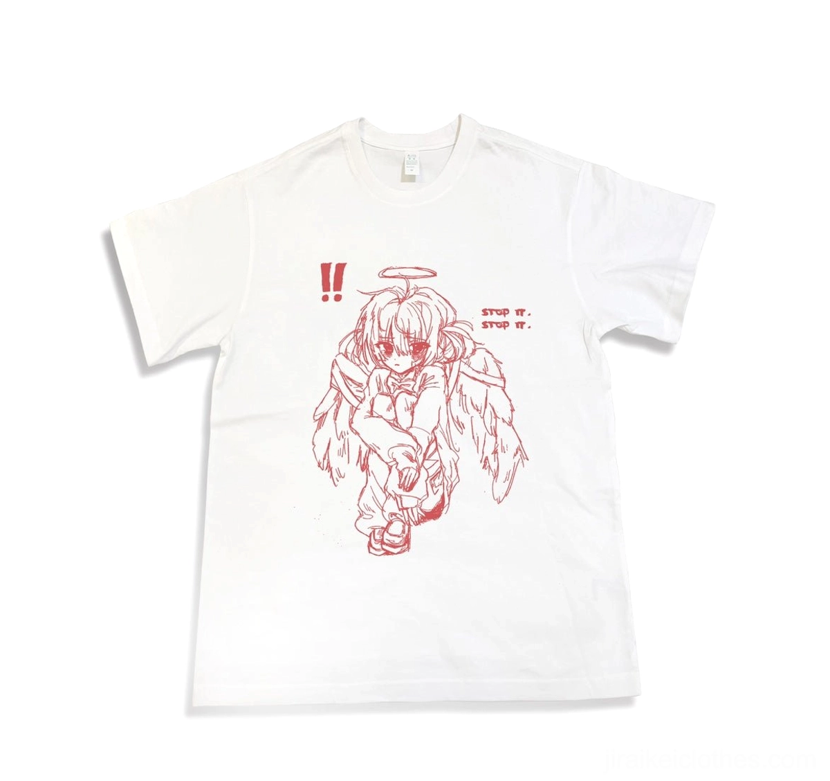White Tenshi Kaiwai crying angel girl graphic t-shirt with red accents flat lay front view Jirai Kei clothing