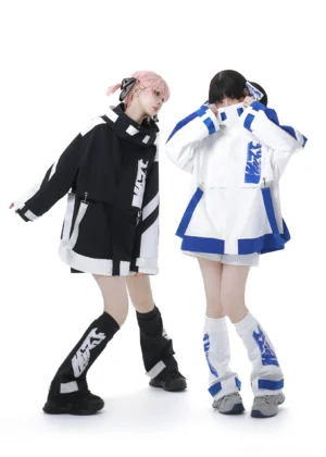 Tenshi Kaiwai oversized hooded jacket shorts set side back view showing decorative back zippers loose long sleeves and matching blue accent details