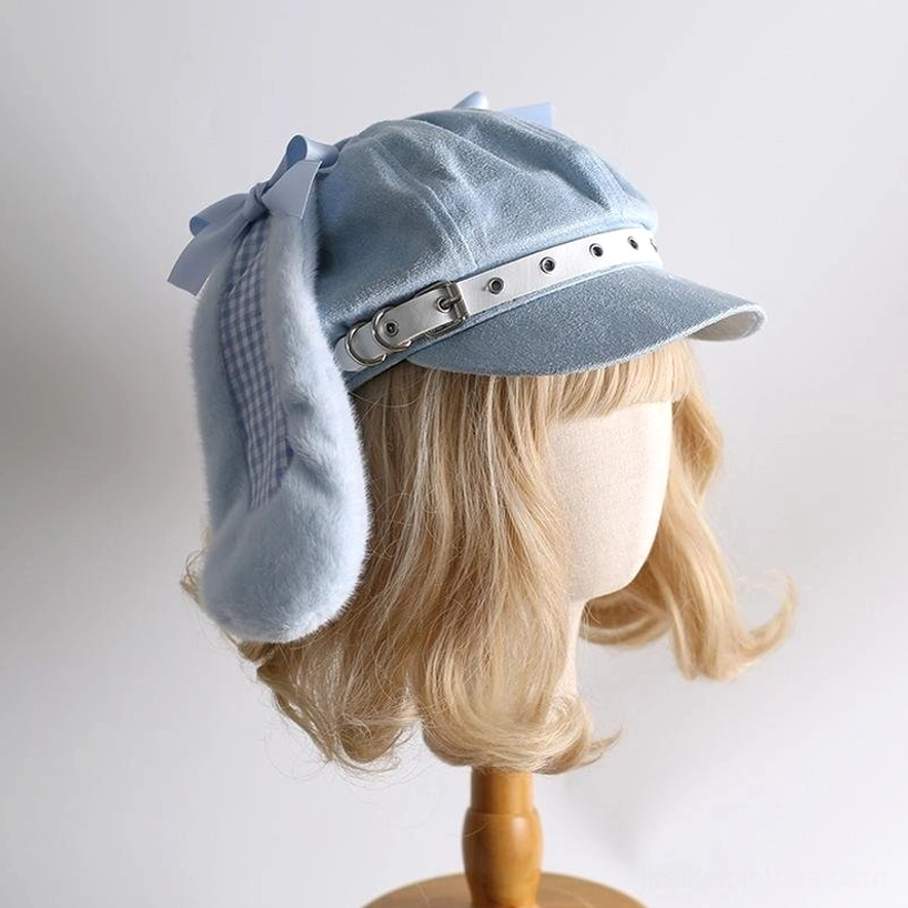 Baby blue Tenshi Kawaii bunny ear newsboy cap with gingham pattern rabbit ears front three-quarter view on blonde mannequin