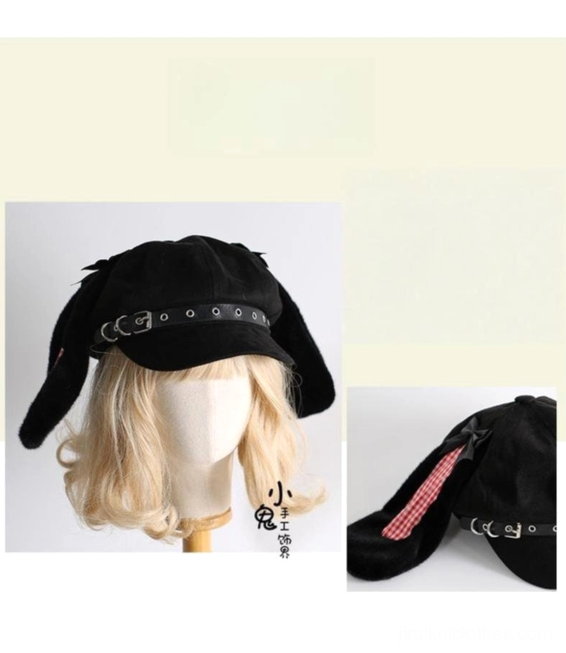 Black bunny ear newsboy cap detail close-up showing buckle strap and rabbit ear lining multiple composite views detail set