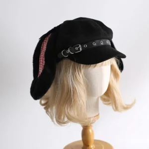 Black and red Tenshi Kawaii bunny ear newsboy cap with check pattern lining and leather buckle strap front three-quarter view
