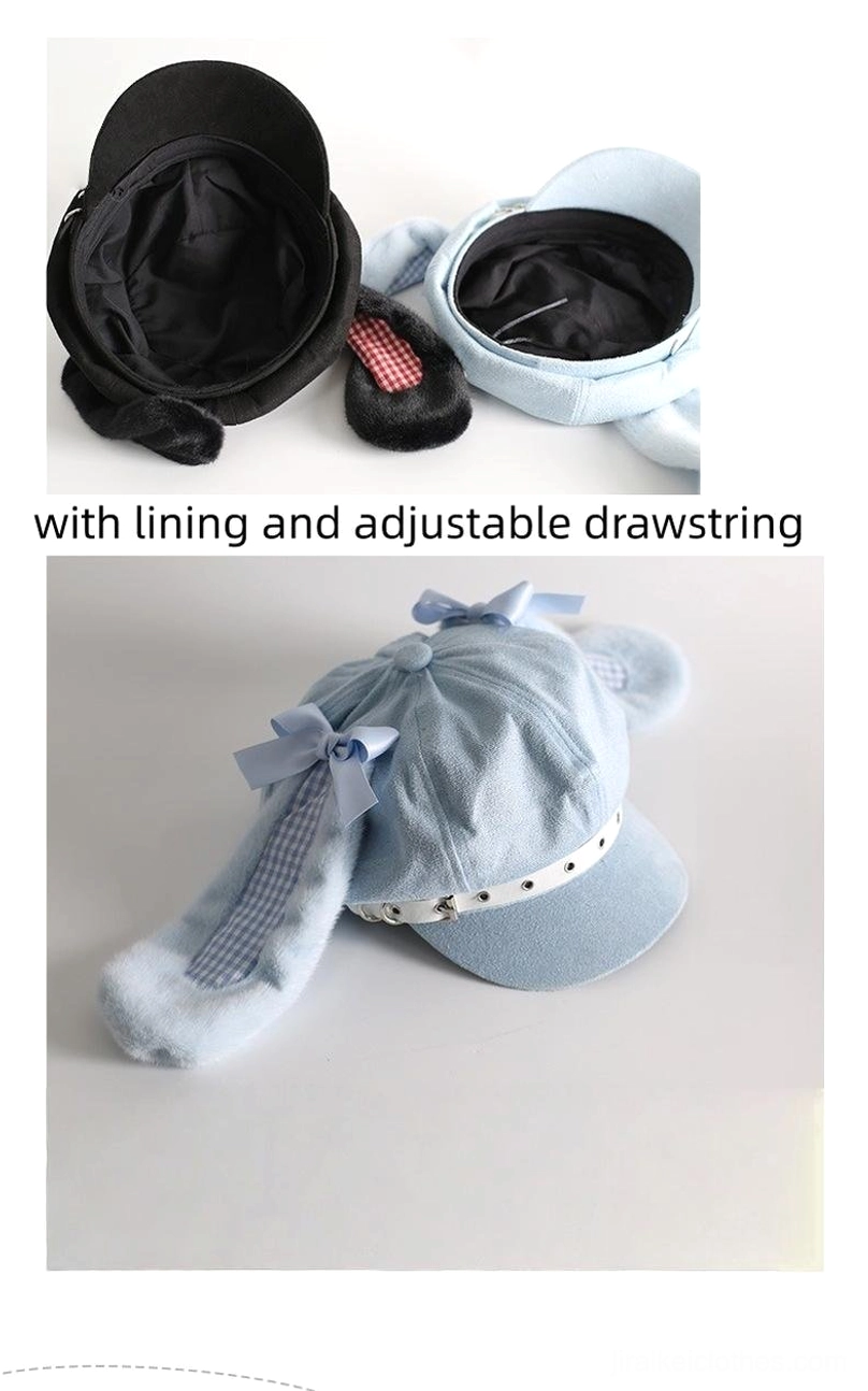 Bunny ear newsboy cap product display showing interior lining and adjustable drawstring both blue and black color options flat lay