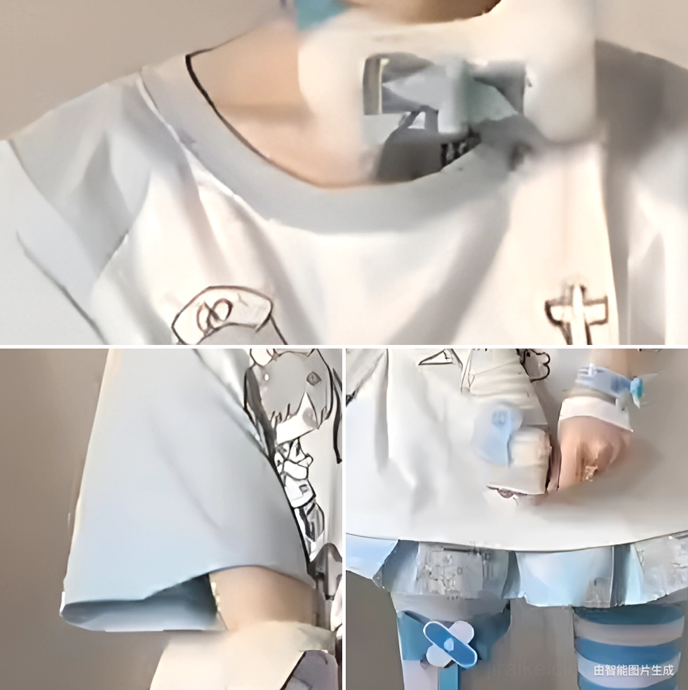Close-up detail of crew neck with light blue decorative bow and cross embroidery on hem of tenshi nurse t-shirt