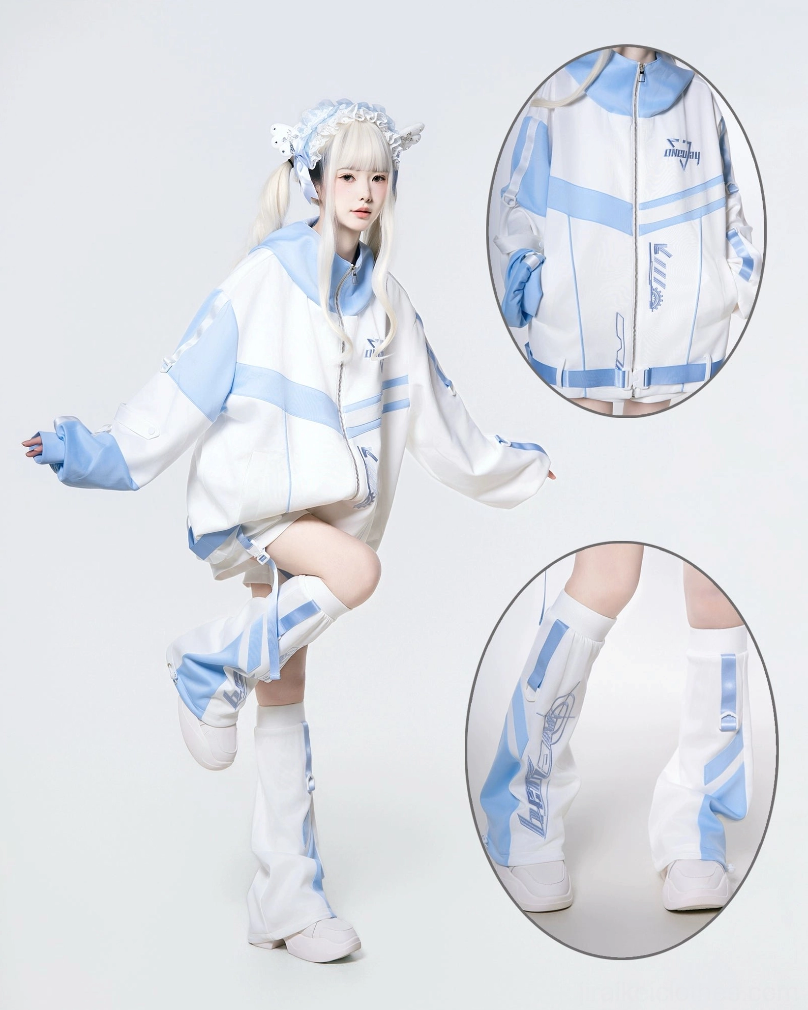 Tenshi Kaiwai oversized hoodie with detail insets showing embroidery and design elements - multi-pose display in white and blue