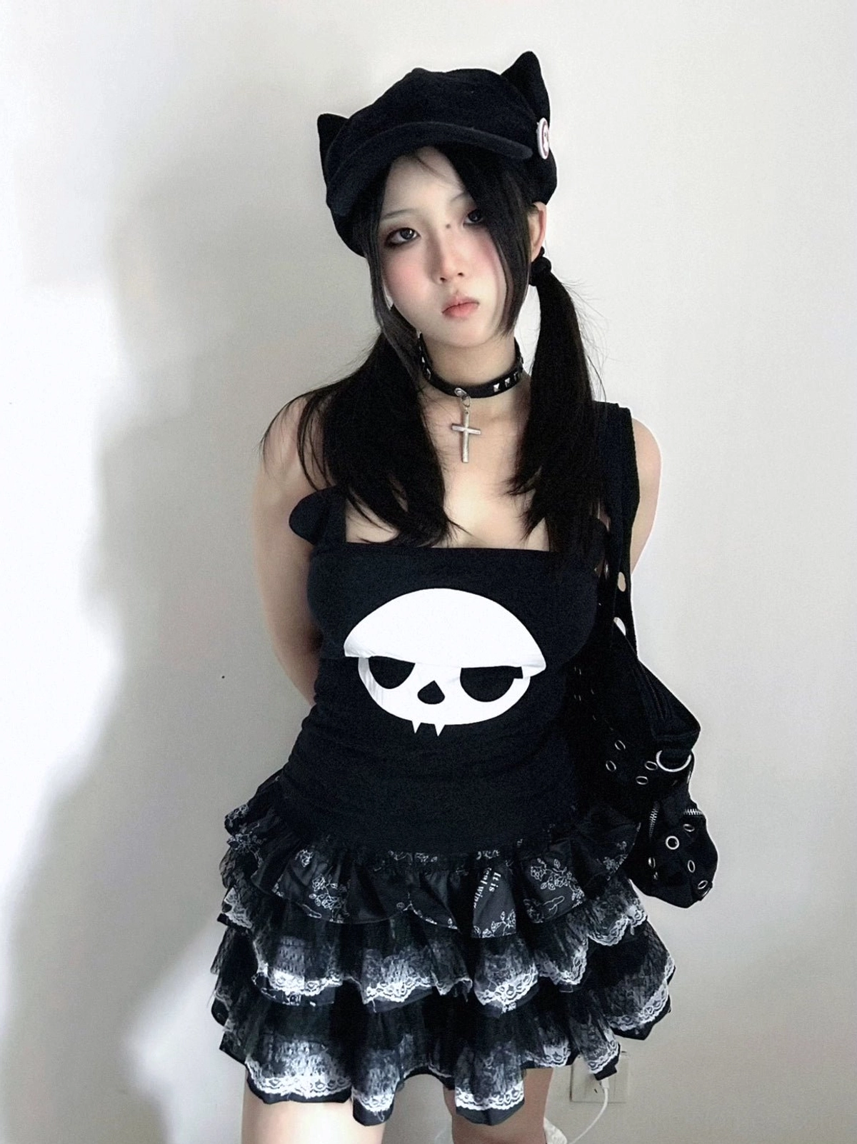Black and purple tiered lace puff skirt Jirai Kei gothic punk aesthetic color contrast detail photography