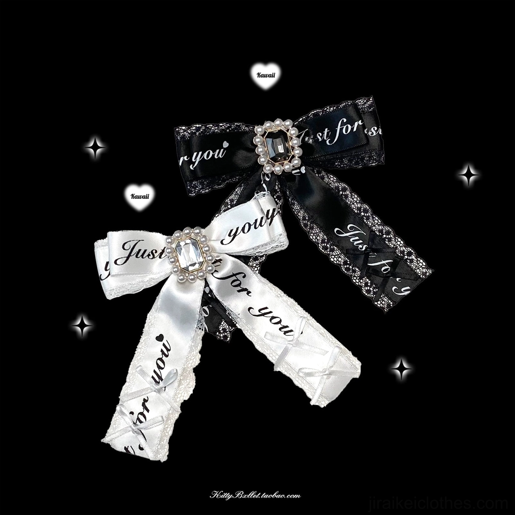 two mixed ribbon bow brooches jirai kei white satin black lace gemstone hearts stars