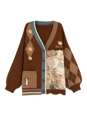 Oversized vintage knit cardigan flat lay showing brown cardigan with blue contrast trim argyle sleeves and hand-embroidered rabbit pocket detail