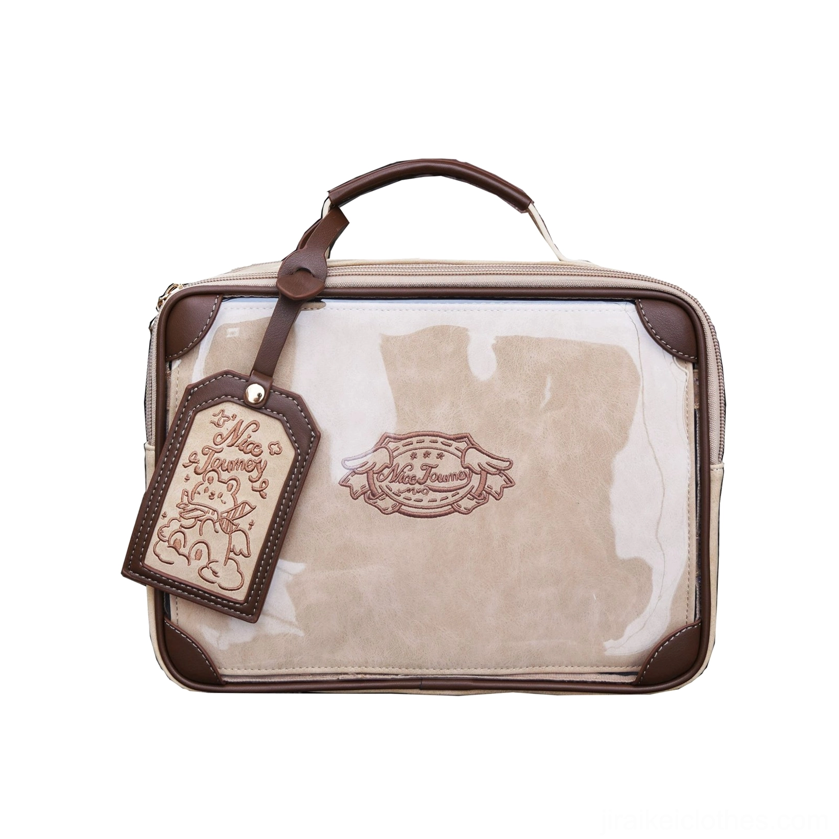 Vintage square itabag flat front view white background two-tone leather trim matching branded luggage tag and logo plate structured rectangular