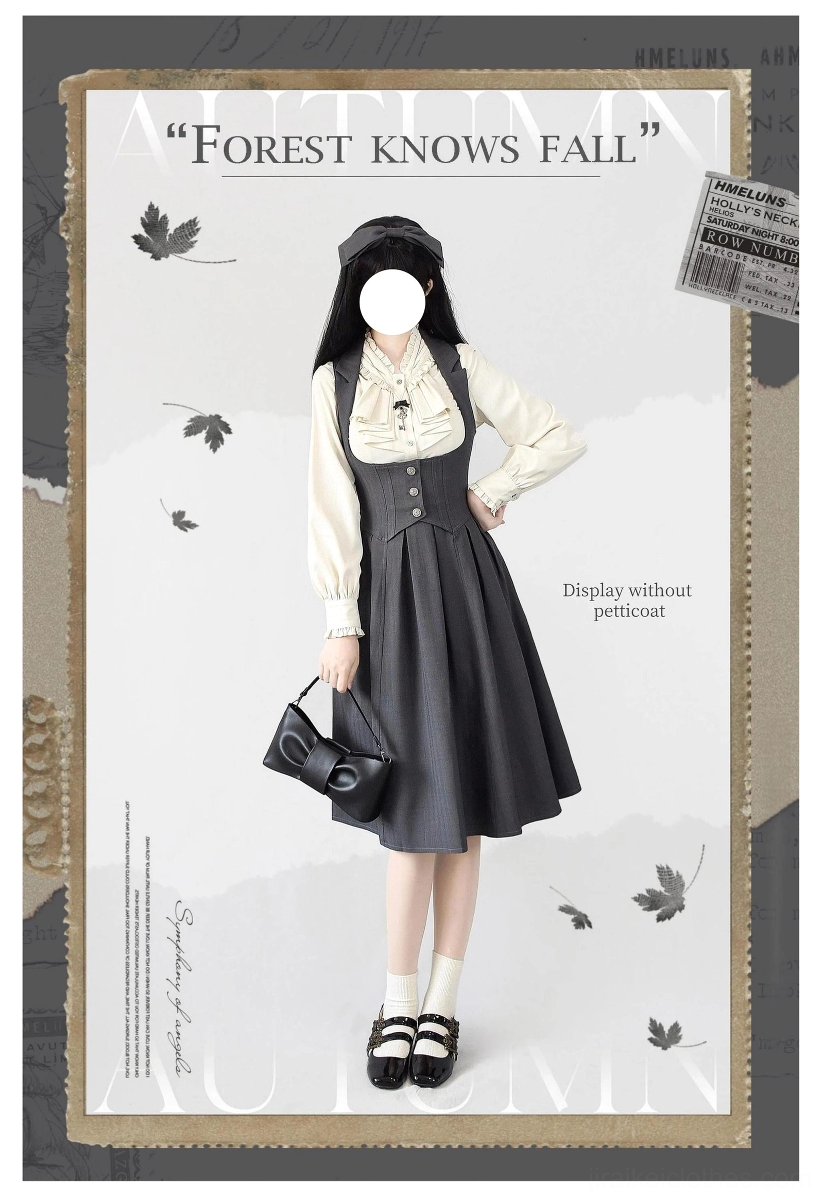 Vintage Lolita corset dress front three-quarter hand on hip ruffled collar blouse compact handbag detail