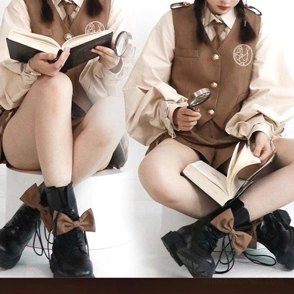 Vintage-inspired Ouji fashion styling with beret, ruffled socks and leather accessories showing complete aesthetic coordination with coffee ensemble