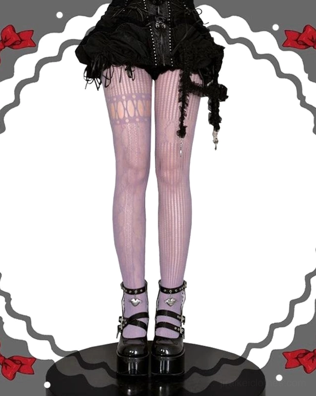 Violet purple asymmetric fishnet gothic lolita pantyhose with vertical fine stripe texture front full leg studio view