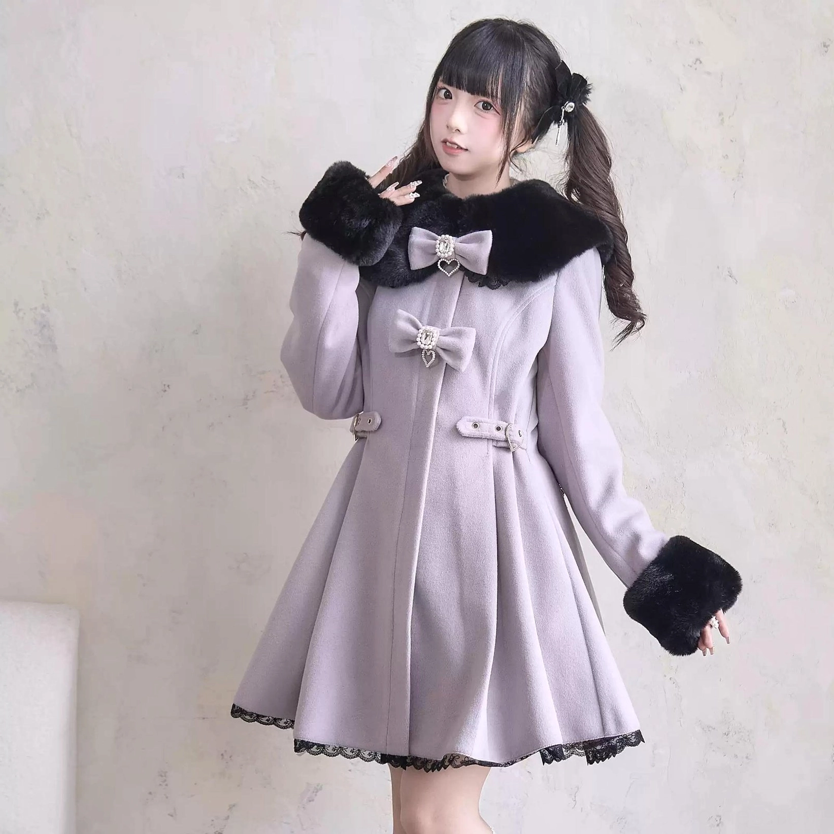 Violet Jirai Kei Winter Coat Half-Body Front View with Black Fur Trim Front Bows and Flared A-Line Hem