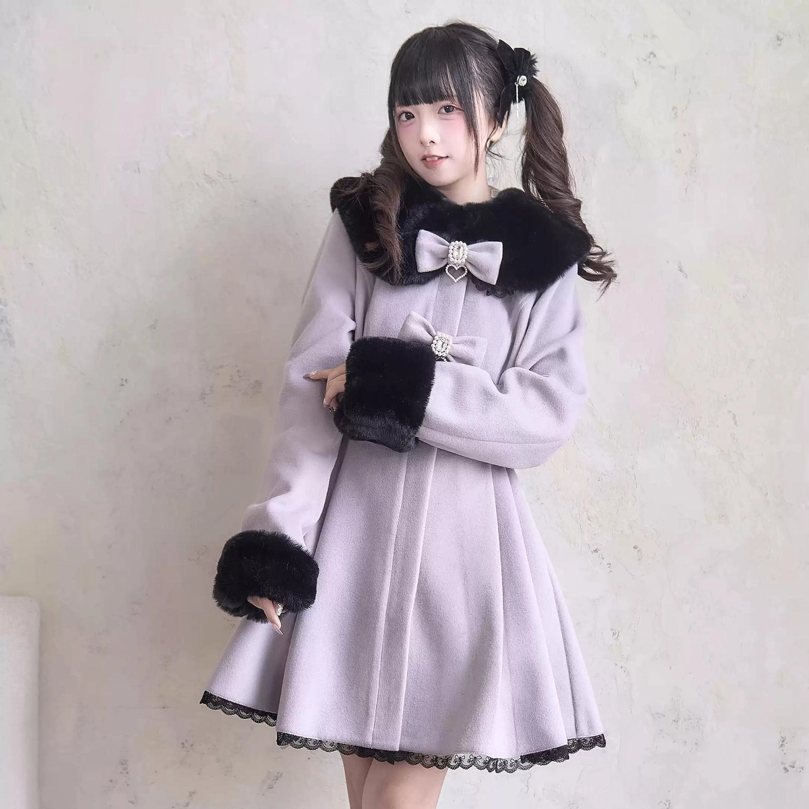 Violet Landmine Winter Coat Half-Body Three-Quarter Side View Black Fur Collar Cuffs and Lace Skirt Hem Detail