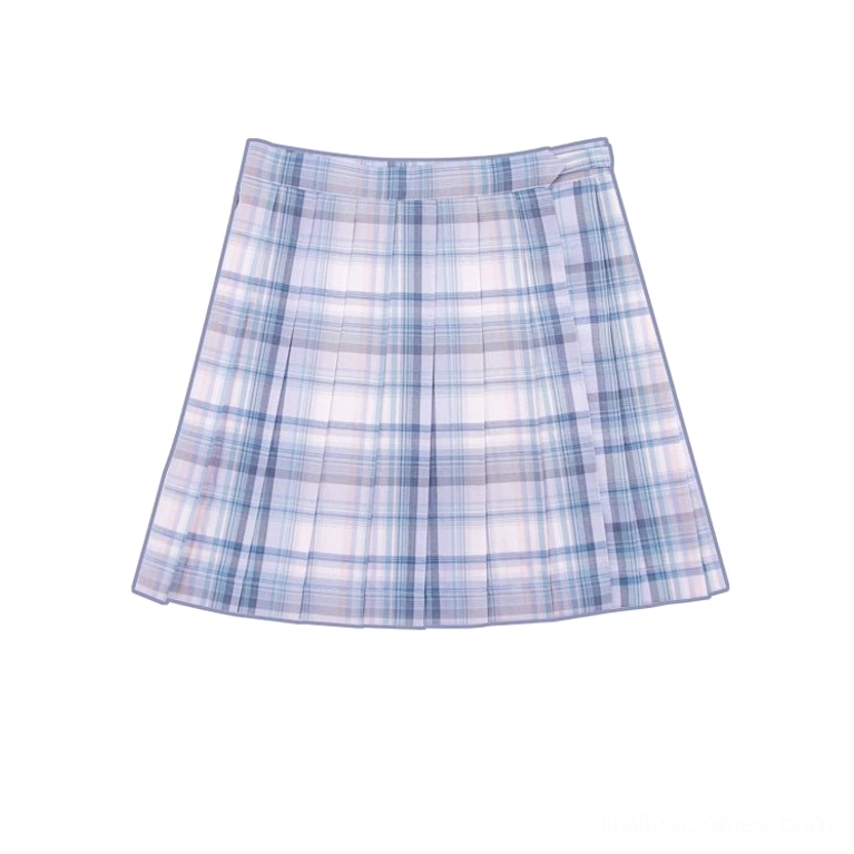 Violet plaid pleated mini skirt with buckle design front view jirai kei fashion alternative schoolgirl aesthetic patterned skirt
