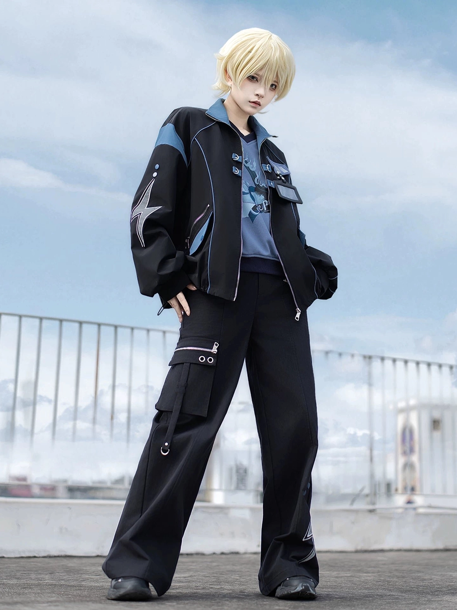 Complete Volt Cat Lightning Techwear Cargo Jacket and Pants Set flat lay showing all components and graphic prints