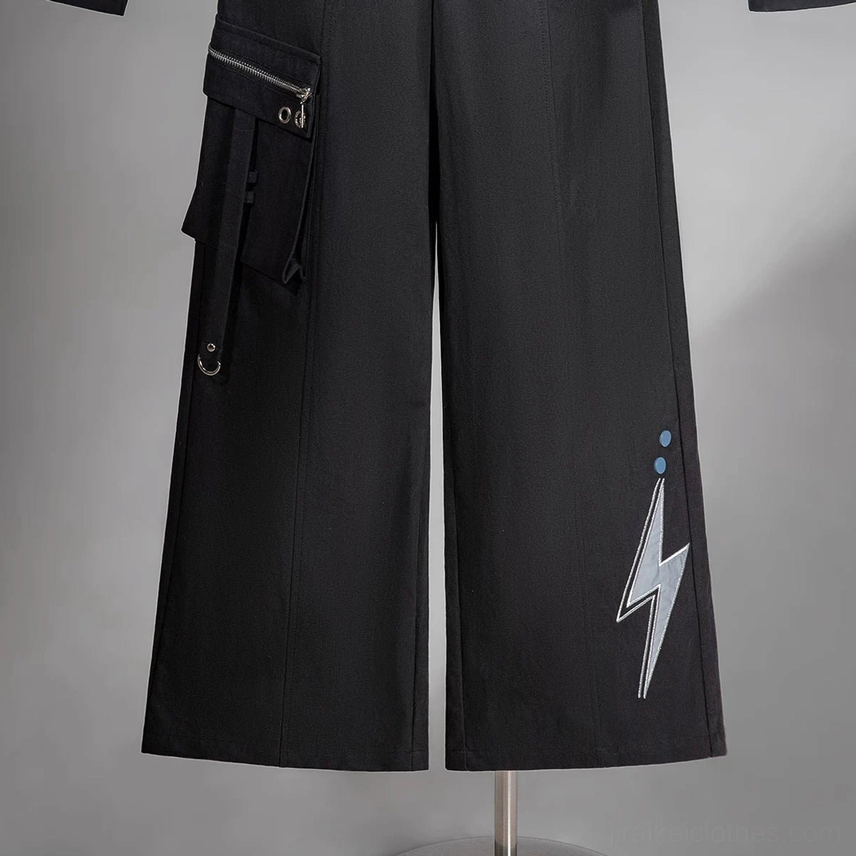 Full length side view of Volt Cat Lightning Techwear Set showing silhouette coordination between jacket and cargo pants