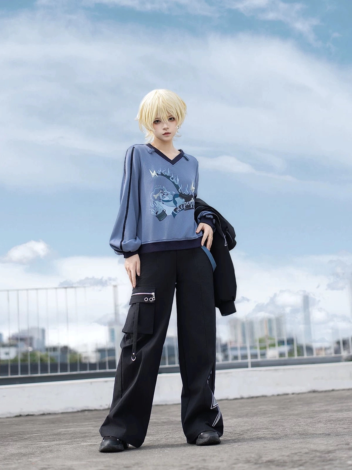 Volt Cat printed sweatshirt with lightning motifs and cargo pants 3/4 front perspective Jirai Kei aesthetic anime street style