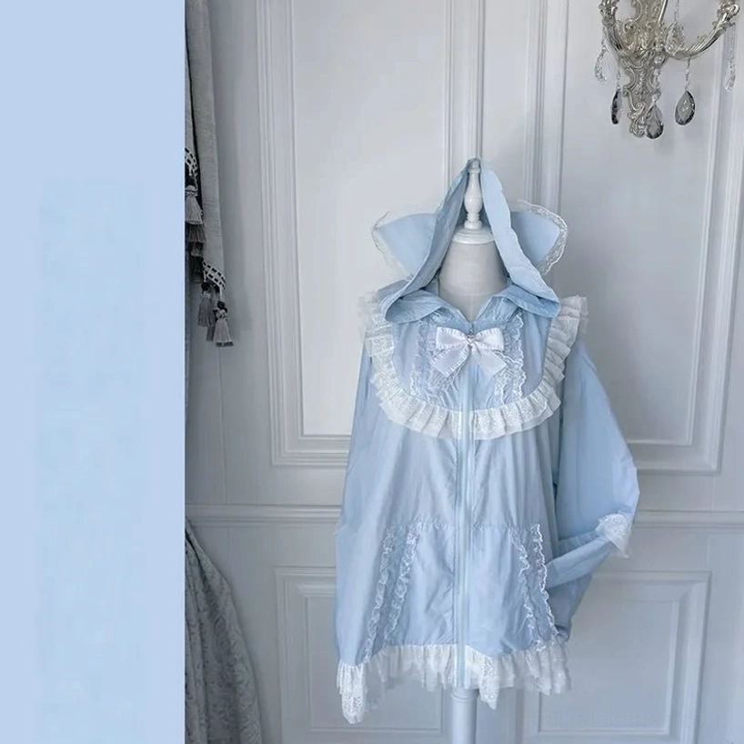 Light blue water-blue cat-ear sun jacket full body mirror selfie on gothic lolita model with dragonfly pendant