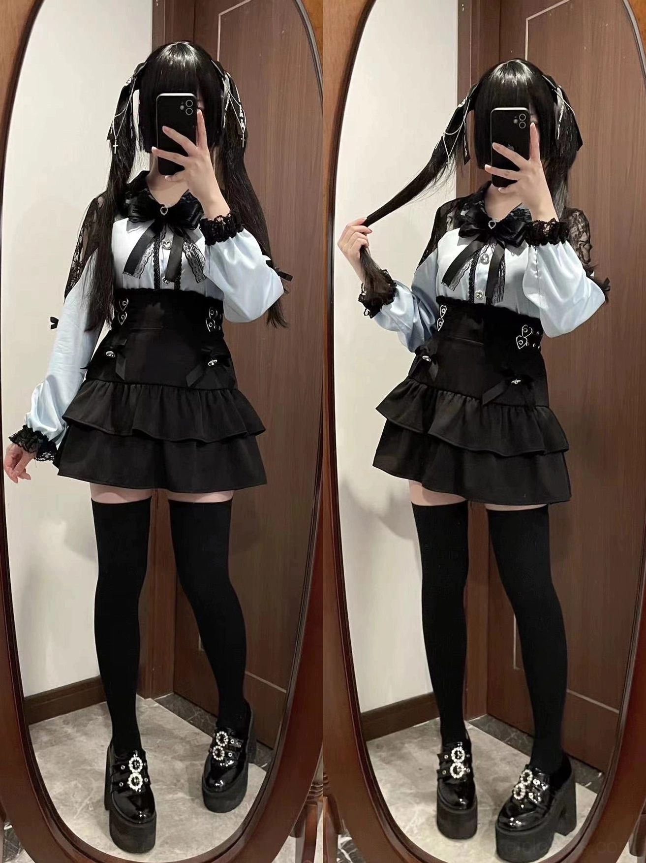 Water blue Jirai Kei blouse and black tiered skirt set worn with twin-tails hairstyle and black thigh-high stockings platform shoes